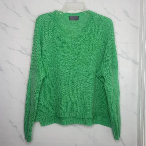 WOODEN SHIPS Mohair Wool Sweater V-Neck Soft Knit Pullover Oversized Green S M - Picture 7 of 10